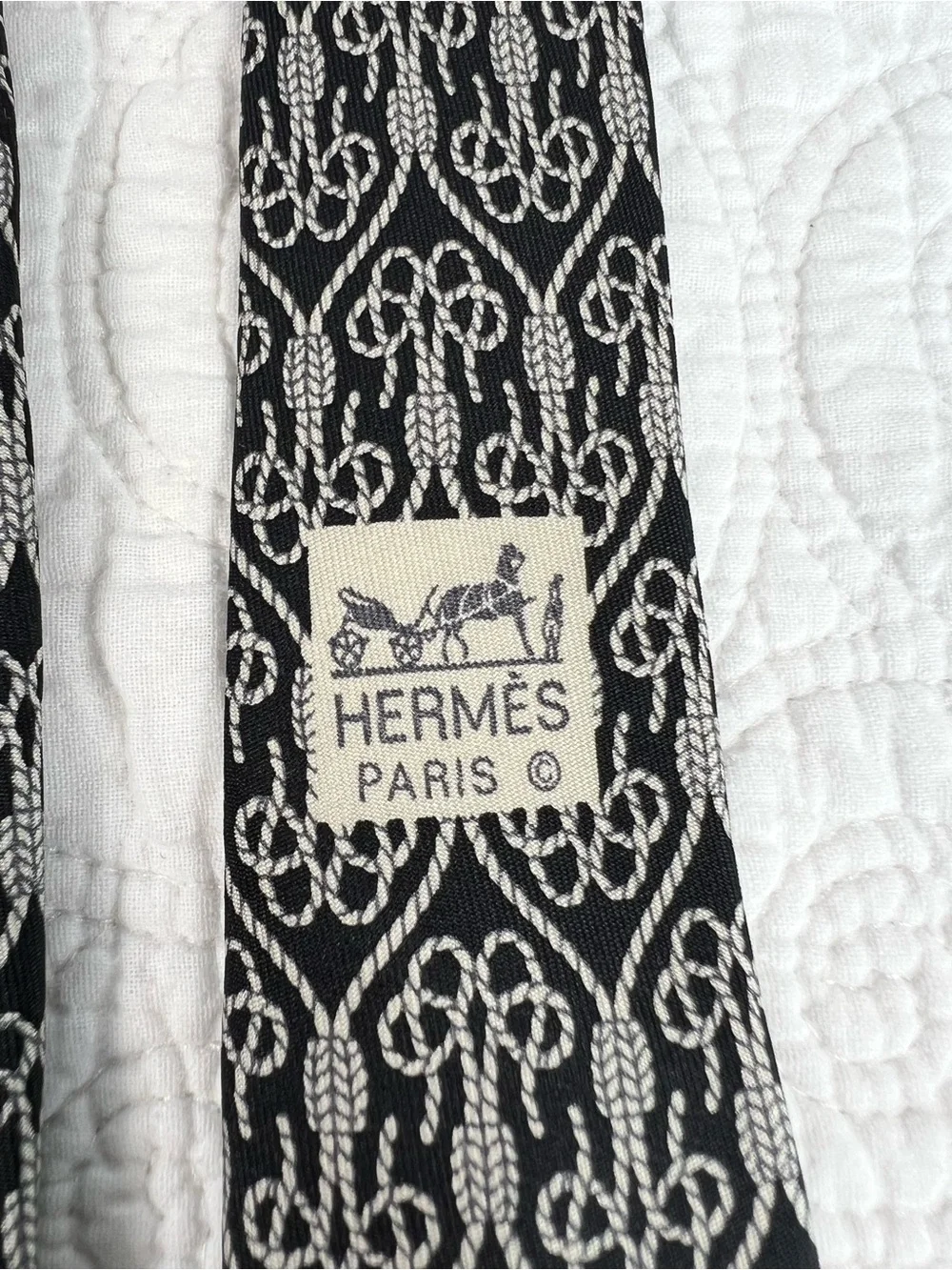 Vintage Hermes Silk Tie 694 OA Black White Equestrian Rope Knot Motif France